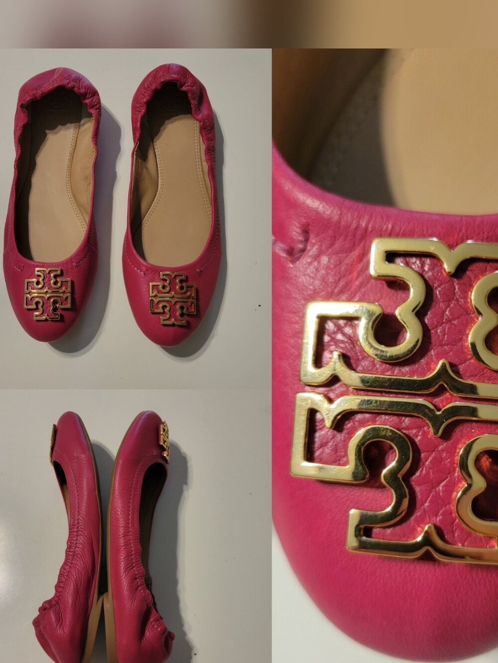 10 TORY BURCH Hot Pink Leather Ballet Flats with Gold Logo